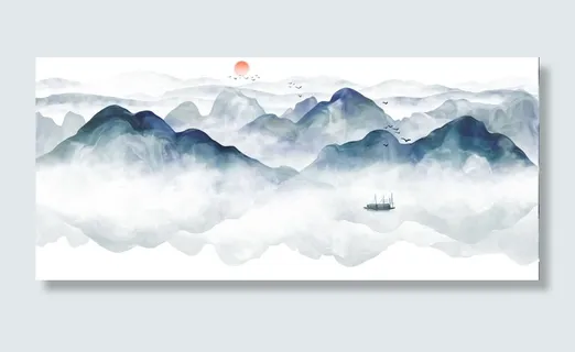 渔船山峰景观画PSD素材