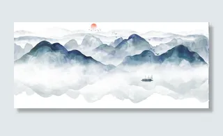 渔船山峰景观画PSD素材