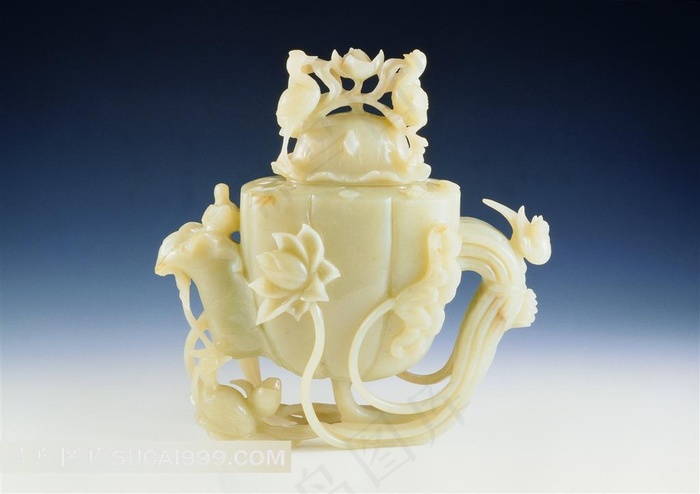 玉雕精美荷花图案茶壶高清素材