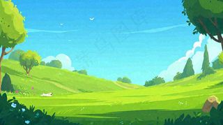 春天郊游青草树木动物蓝天清新，春分