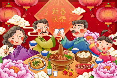 2022虎年春节团圆过大年年货赶集除夕年夜饭财神红包矢量插画 2022虎年春节团圆过大年年货赶集除夕年夜饭财神红包矢量插画