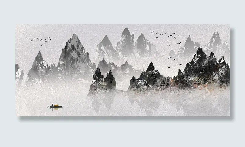 渔船大雁山水风景画PSD素材