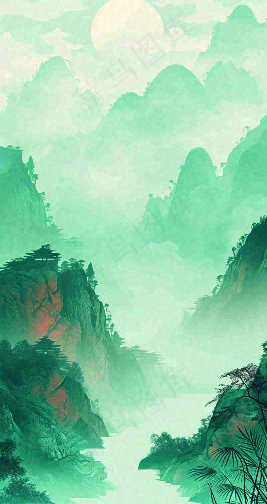 国风意境山水画落日绿色(800x1504)