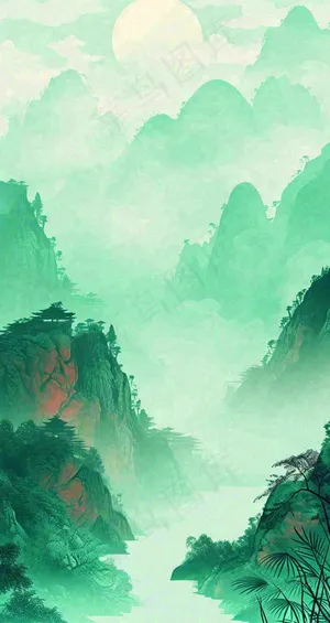 国风意境山水画落日绿色