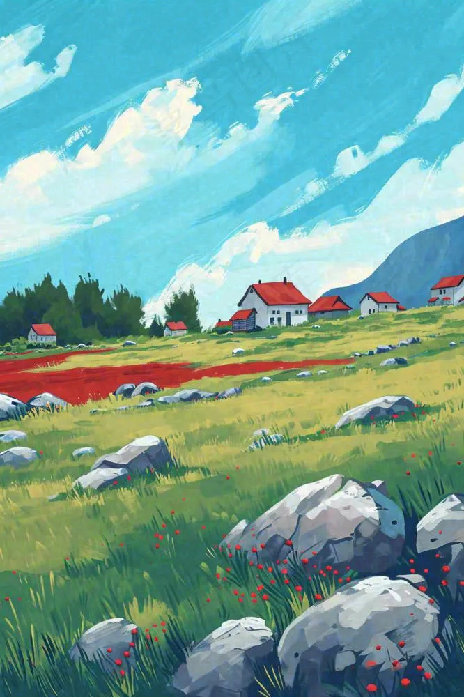 春天郊外绿地草地山脉石头插画手绘，惊蛰春分(896x1344)