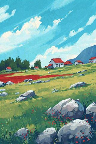 春天郊外绿地草地山脉石头插画手绘，惊蛰春分