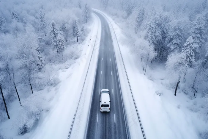 冬季雪山公路行驶的货车摄影图(4032x2688)