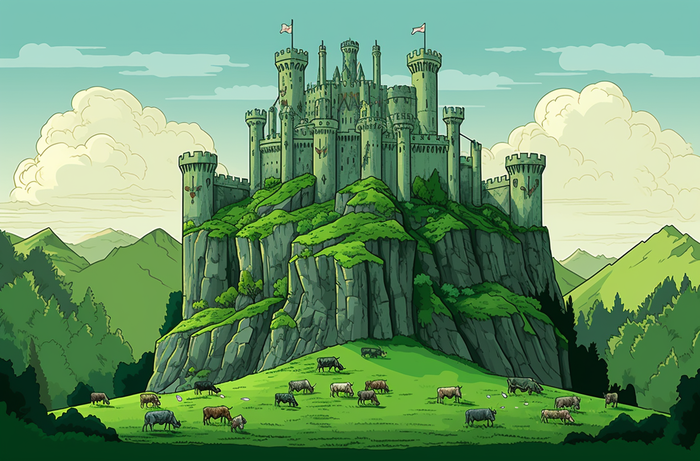 高耸的城堡墙壁前，绿色的草地山顶上的奶牛，森林朋克、绿色主义的风格
