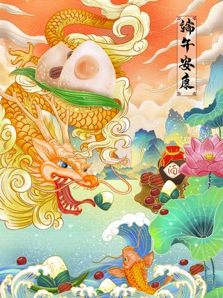 国潮风中国传统节日端午节赛龙舟粽子场景插画海报PSD设计素材