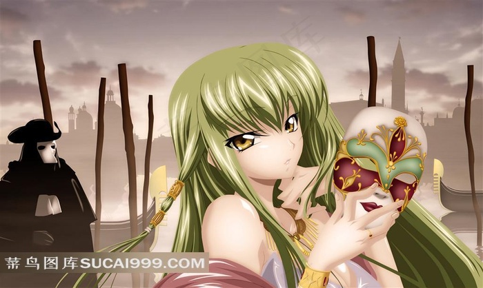 拿面具的动漫美女插画