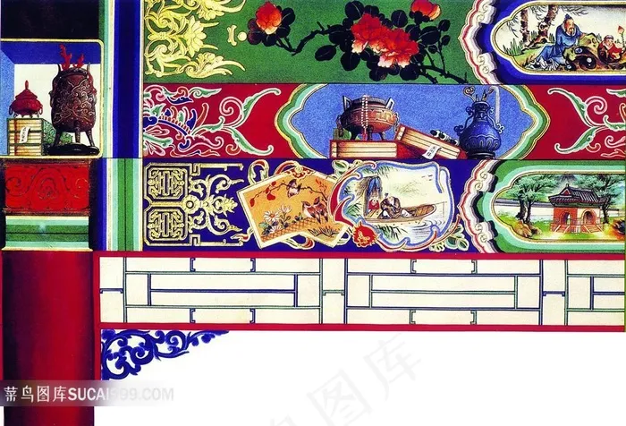 中国传统建筑房梁古典绘画纹饰图案