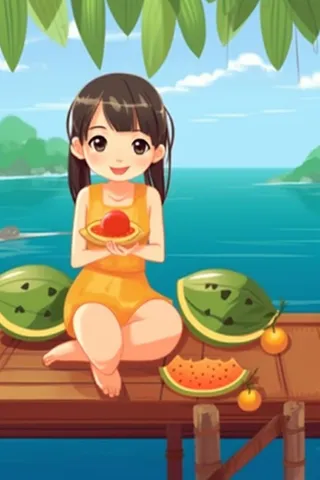 女孩坐着乘凉水果插画背景