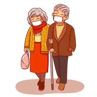 戴口罩的老人搀扶到老散步