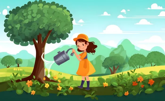 植树小女孩给树浇水大自然插画海报素材背景(5632x3456)