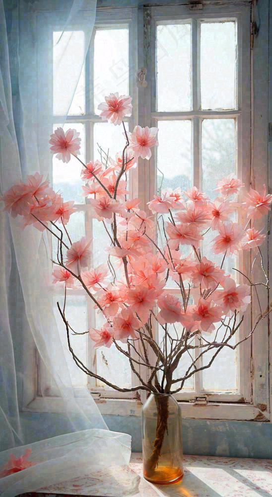 春天窗台花瓶粉色鲜花花束，春分(816x1488)
