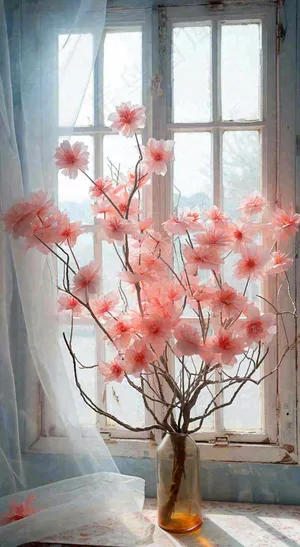 春天窗台花瓶粉色鲜花花束，春分