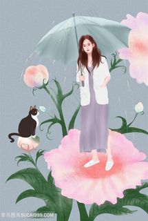 插画花朵女人和猫咪绘画图片