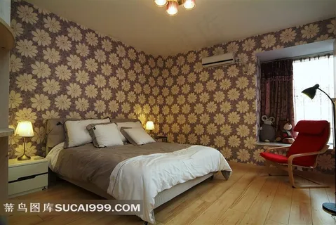 卧室花朵墙纸陈设内景家居摄影高清图片