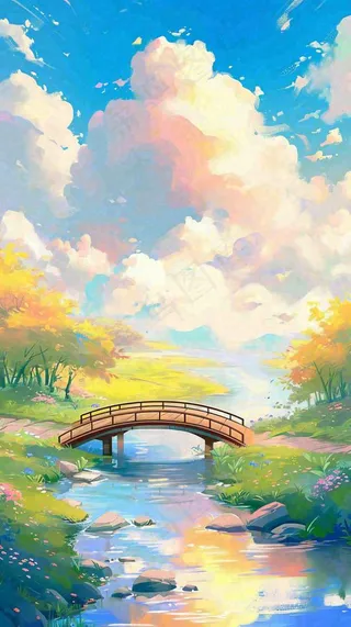 春天草坪河流小溪蓝天白云清新阳光手绘插画，立春春分