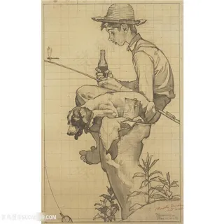 诺曼 · 洛克威尔手绘戴帽子男孩装饰画