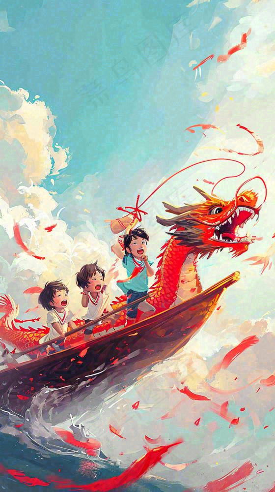 海面上龙船开船手绘插画，孩子人物，蓝天白云古风(816x1456)