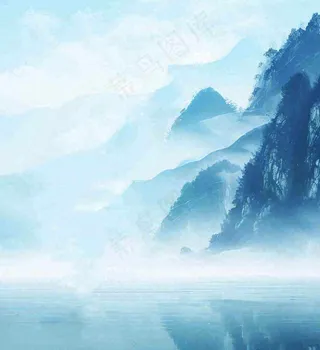 中国风意境湖面山脉云层山水画插画