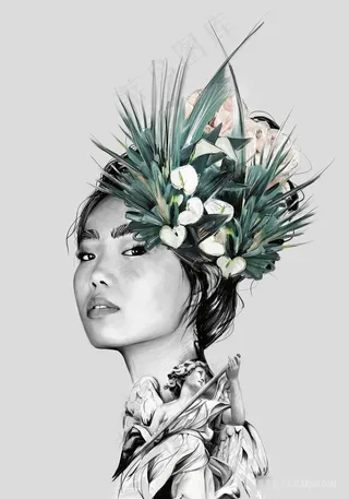 植物黑白时尚美女装饰画