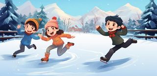 冬季在冰湖上滑冰的孩子儿童卡通插画背景