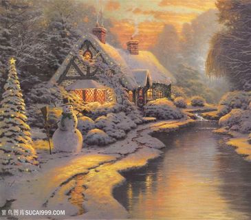 雪人湖畔乡村美景插画装饰画