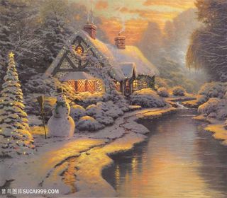 雪人湖畔乡村美景插画装饰画