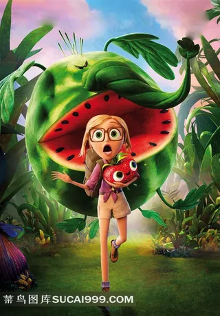西瓜张嘴追抱着草莓的小女孩电影天降美食海报
