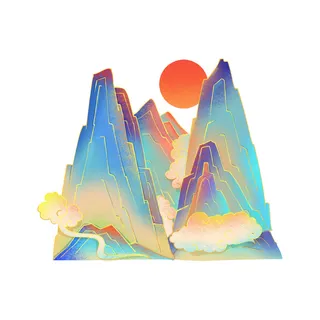 中国风国潮山水插画祥云中式手绘烫金线条元素png装饰背景PSD素材