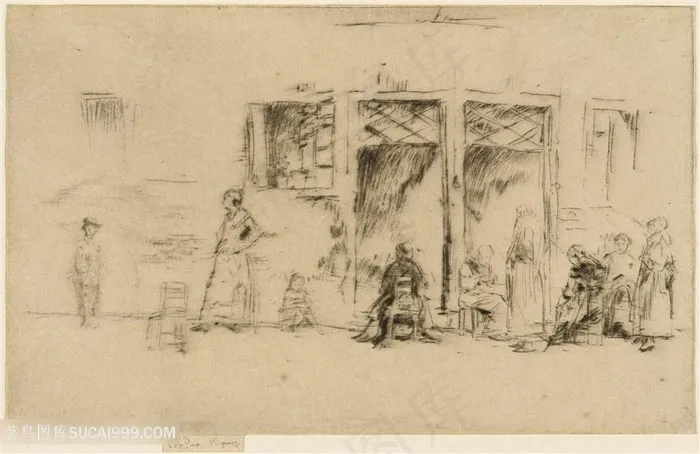 惠斯勒素描高清乡村建筑装饰画