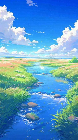 蓝天白云草地溪流春天阳光灿烂的日子春分春风，插画手绘