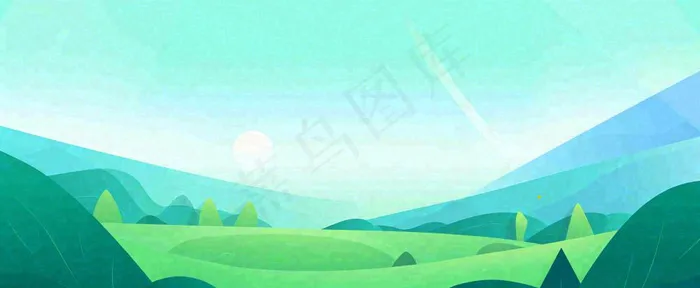 阳光明媚绿色的山坡卡通手绘春天(1712x704)