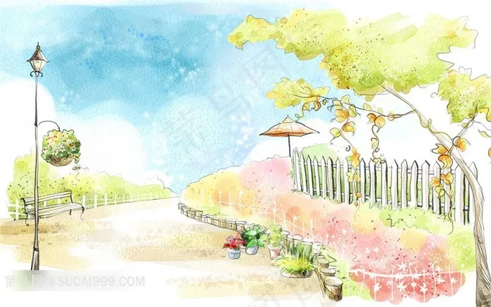 手绘花园小路环境