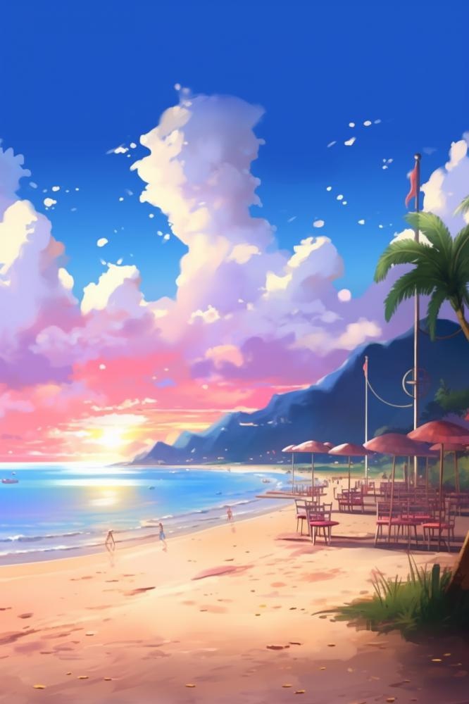 夏日清新阳光沙滩海浪蓝色插画背景