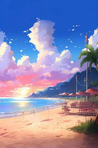 夏日清新阳光沙滩海浪蓝色插画背景