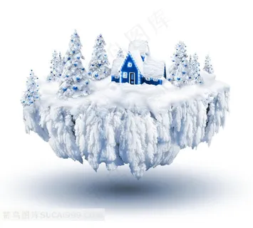 被雪覆盖的圣诞节雪山浮岛房子