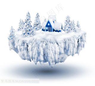 被雪覆盖的圣诞节雪山浮岛房子