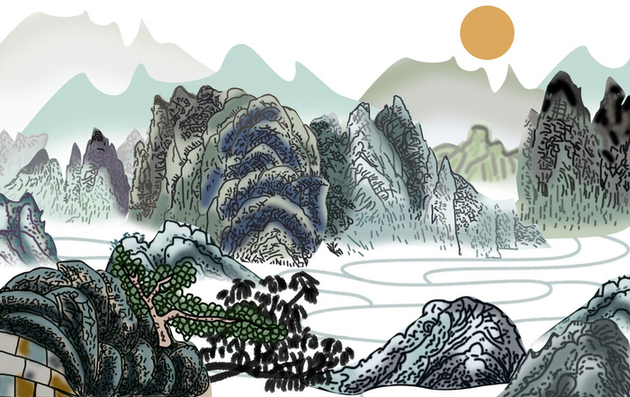 山川秀丽粗笔画PSD素材