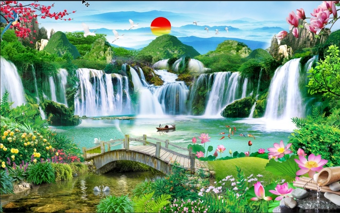 流水生财山水荷花木桥风景