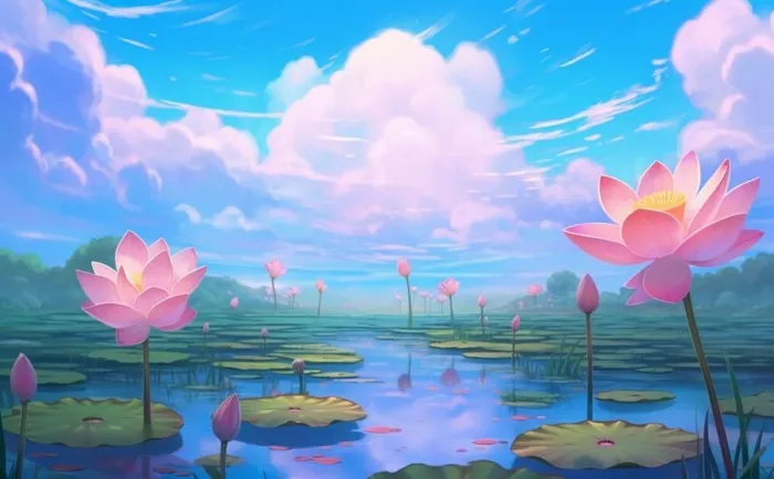 夏日荷花池塘天空插画背景(1392x864)