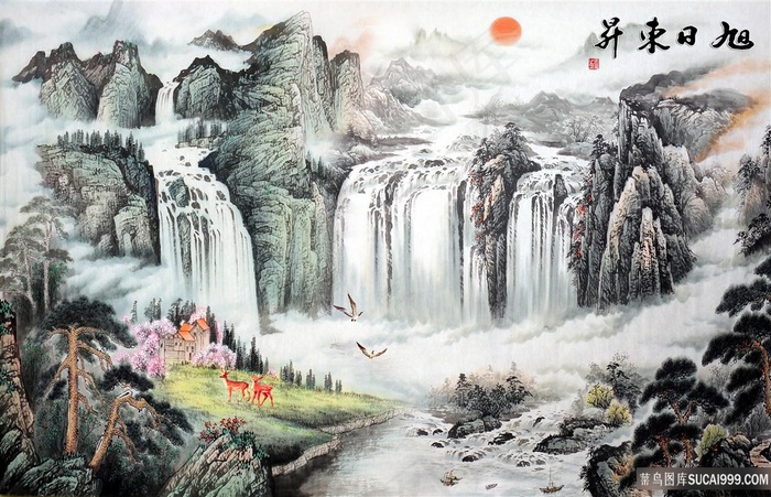 旭日东升风景字画高清分辨率喷绘打印办公室挂画素材山水花草