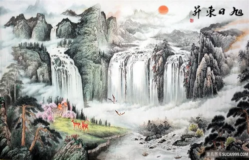 旭日东升风景字画高清分辨率喷绘打印办公室挂画素材山水花草