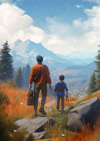 户外郊外徒步登山运动探险旅行手绘插画，健身健康