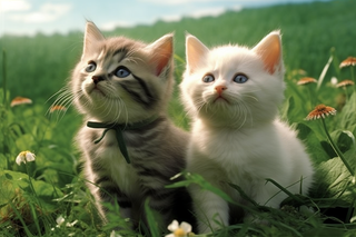 两只幼猫在草丛里玩耍摄影图