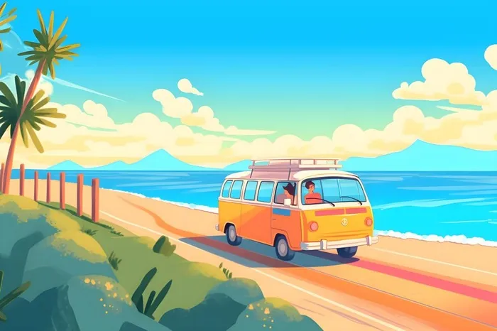 开车旅行海边公路天空云朵插画背景(3600x2400)