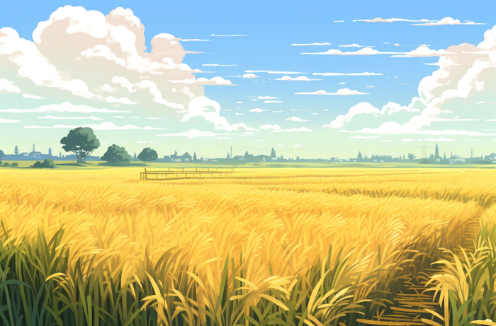 秋天成熟的金黄麦田稻田卡通插画素材(4080x2688)