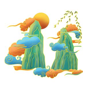 中国风国潮山水插画祥云中式手绘烫金线条元素png装饰背景PSD素材